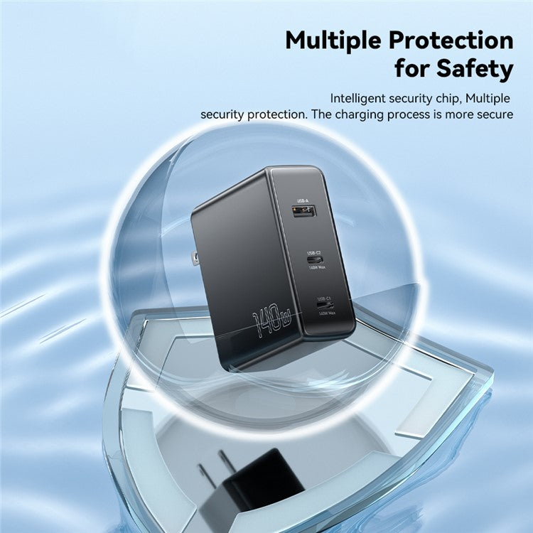 ESSAGER PST-140C2A-LB-GAN 140W GaN Charger Block 2 Type-C+USB-A Power Adapter Portable Wall Charger - Black / US Plug