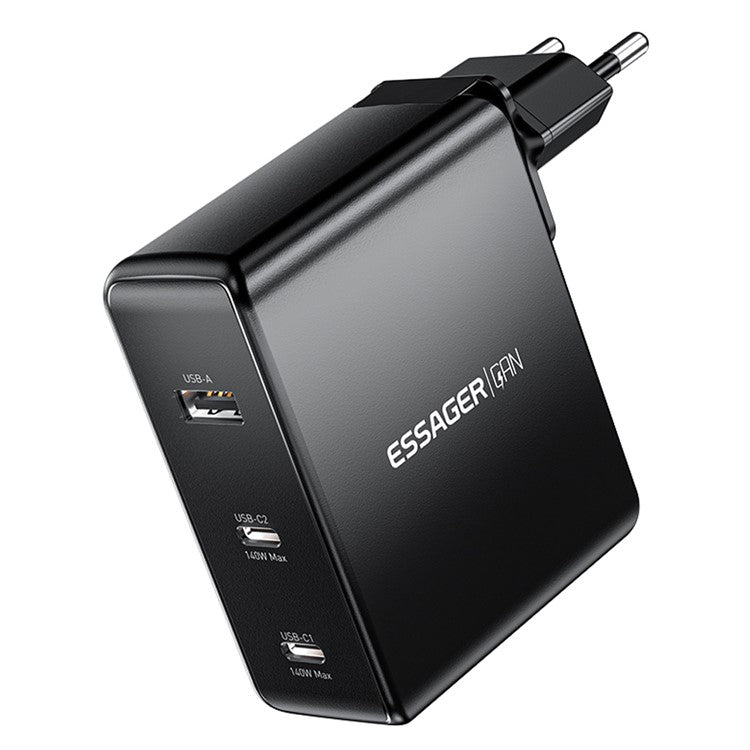 ESSAGER PST-140C2A-LB-GAN 140W GaN Charger Block 2 Type-C+USB-A Power Adapter Portable Wall Charger - Black / EU Plug