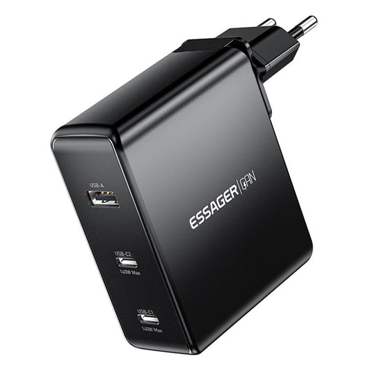 ESSAGER PST-140C2A-LB-GAN 140W GaN Charger Block 2 Type-C+USB-A Power Adapter Portable Wall Charger - Black / EU Plug