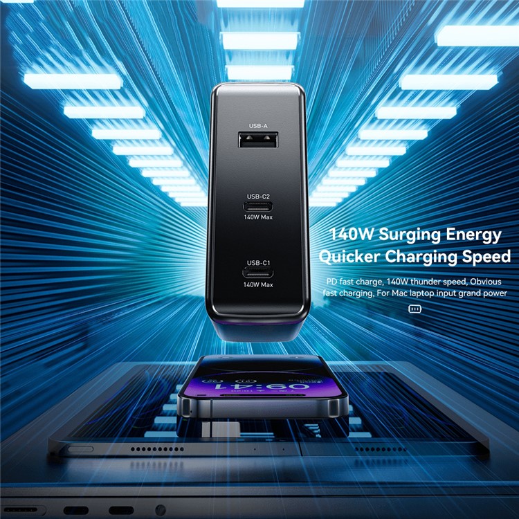 ESSAGER PST-140C2A-LB-GAN 140W GaN Charger Block 2 Type-C+USB-A Power Adapter Portable Wall Charger - Black / EU Plug