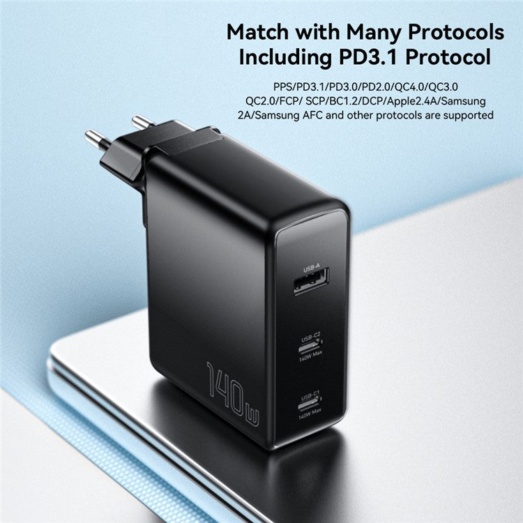 ESSAGER PST-140C2A-LB-GAN 140W GaN Charger Block 2 Type-C+USB-A Power Adapter Portable Wall Charger - Black / EU Plug