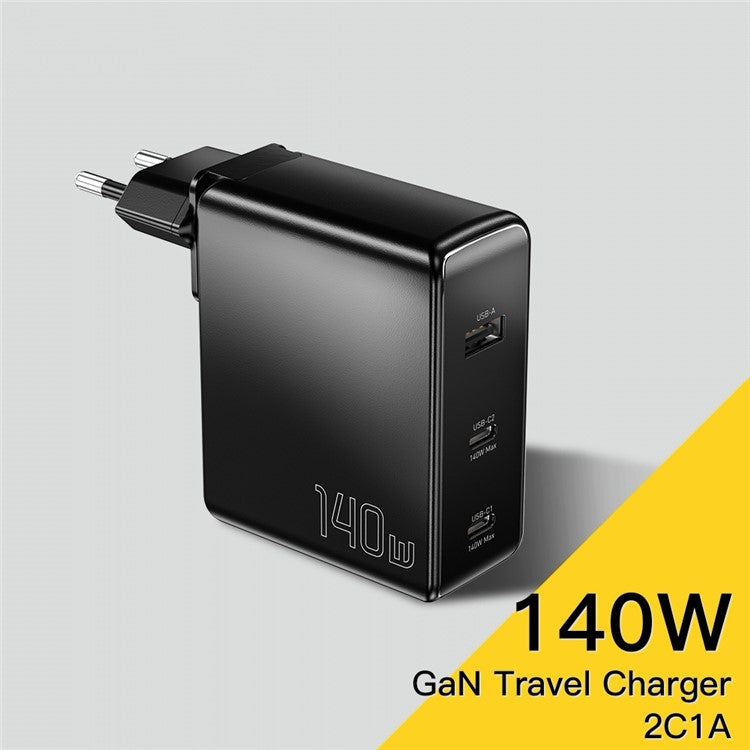 ESSAGER PST-140C2A-LB-GAN 140W GaN Charger Block 2 Type-C+USB-A Power Adapter Portable Wall Charger - Black / EU Plug