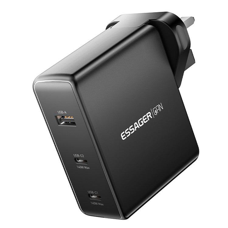 ESSAGER PST-140C2A-LB-GAN 140W GaN Charger Block 2 Type-C+USB-A Power Adapter Portable Wall Charger - Black / UK Plug