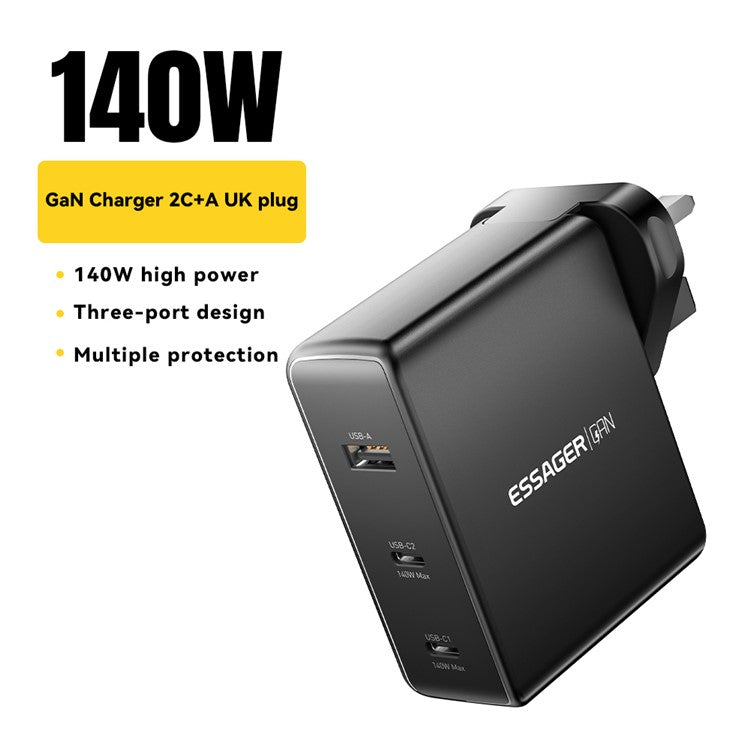 ESSAGER PST-140C2A-LB-GAN 140W GaN Charger Block 2 Type-C+USB-A Power Adapter Portable Wall Charger - Black / UK Plug