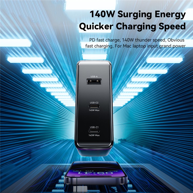 ESSAGER PST-140C2A-LB-GAN 140W GaN Charger Block 2 Type-C+USB-A Power Adapter Portable Wall Charger - Black / UK Plug