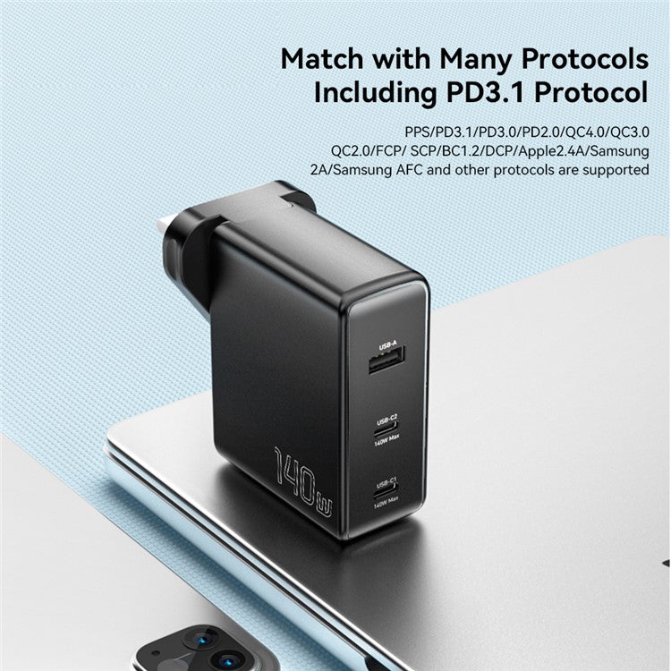 ESSAGER PST-140C2A-LB-GAN 140W GaN Charger Block 2 Type-C+USB-A Power Adapter Portable Wall Charger - Black / UK Plug