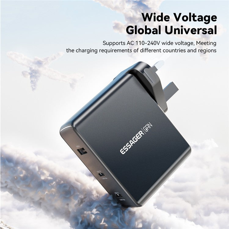 ESSAGER PST-140C2A-LB-GAN 140W GaN Charger Block 2 Type-C+USB-A Power Adapter Portable Wall Charger - Black / UK Plug