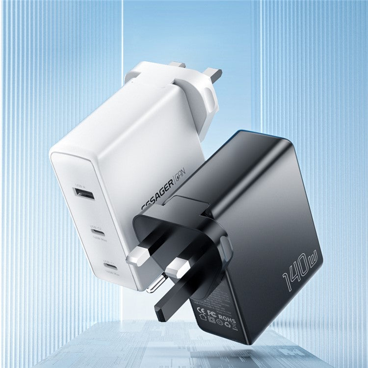 ESSAGER PST-140C2A-LB-GAN 140W GaN Charger Block 2 Type-C+USB-A Power Adapter Portable Wall Charger - Black / UK Plug