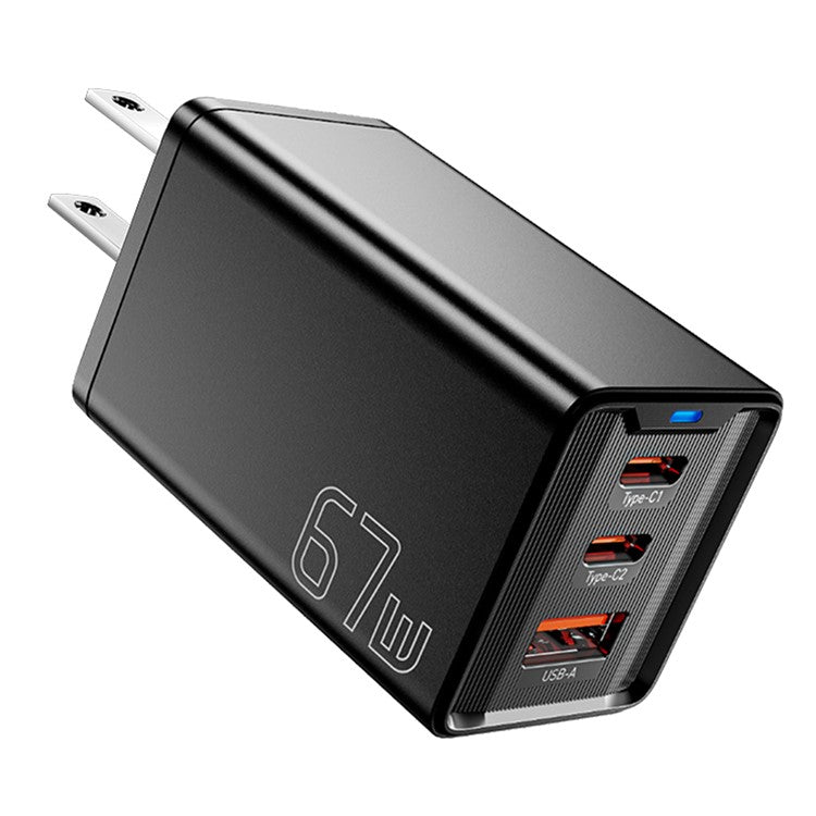 ESSAGER JT-G67TC2U1 67W GaN Travel Charger Adapter 2 Type-C+USB-A Wall Charger Block - Black / US Plug