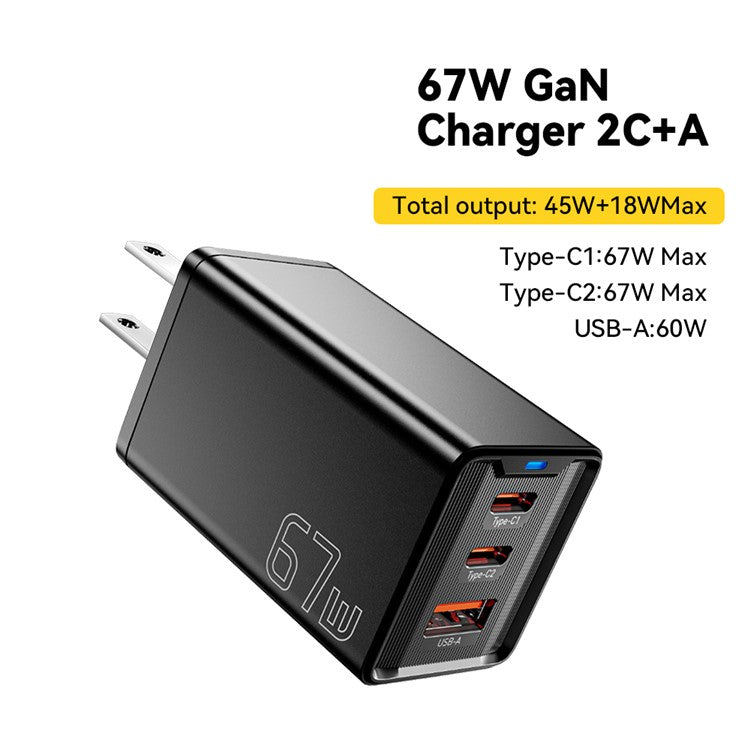 ESSAGER JT-G67TC2U1 67W GaN Travel Charger Adapter 2 Type-C+USB-A Wall Charger Block - Black / US Plug