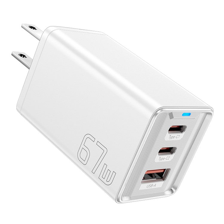 ESSAGER JT-G67TC2U1 67W GaN Travel Charger Adapter 2 Type-C+USB-A Wall Charger Block - White / US Plug
