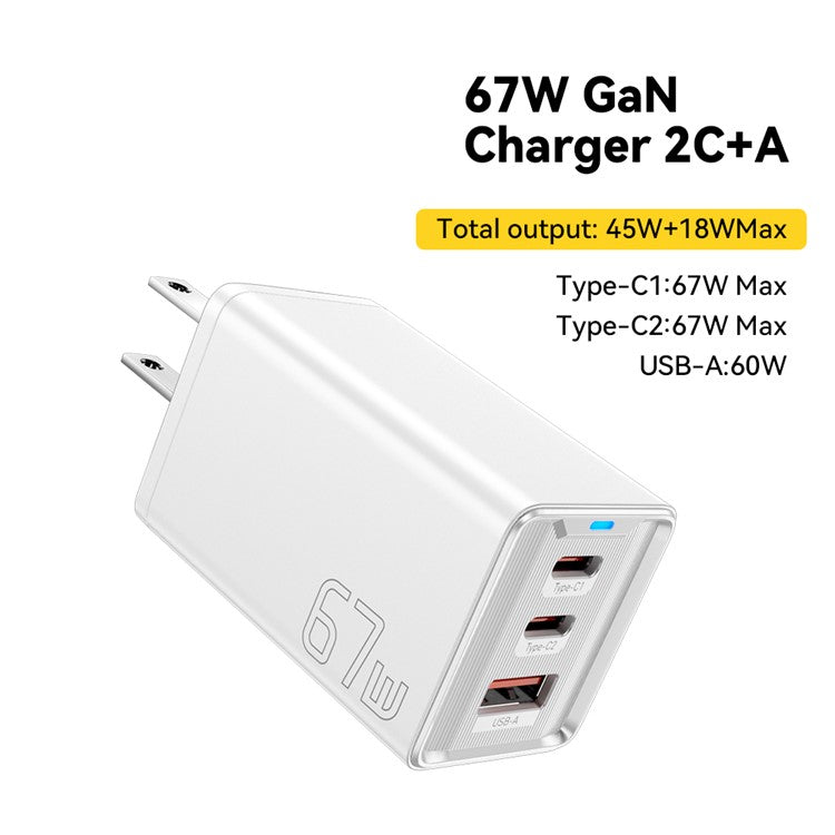 ESSAGER JT-G67TC2U1 67W GaN Travel Charger Adapter 2 Type-C+USB-A Wall Charger Block - White / US Plug