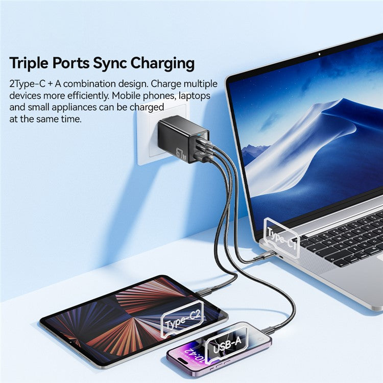 ESSAGER JT-G67TC2U1 67W GaN Travel Charger Adapter 2 Type-C+USB-A Wall Charger Block - White / US Plug