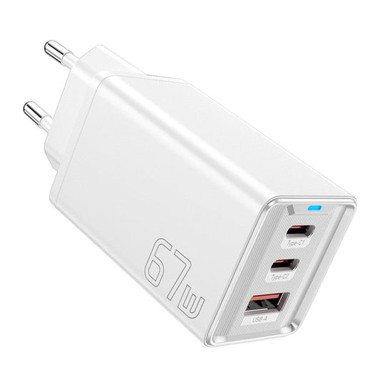 ESSAGER JT-G67TC2U1 67W GaN Travel Charger Adapter 2 Type-C+USB-A Wall Charger Block - White / EU Plug