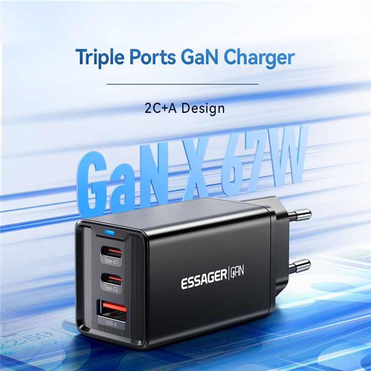 ESSAGER JT-G67TC2U1 67W GaN Travel Charger Adapter 2 Type-C+USB-A Wall Charger Block - White / EU Plug