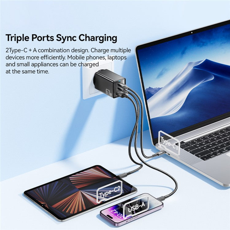 ESSAGER JT-G67TC2U1 67W GaN Travel Charger Adapter 2 Type-C+USB-A Wall Charger Block - White / EU Plug