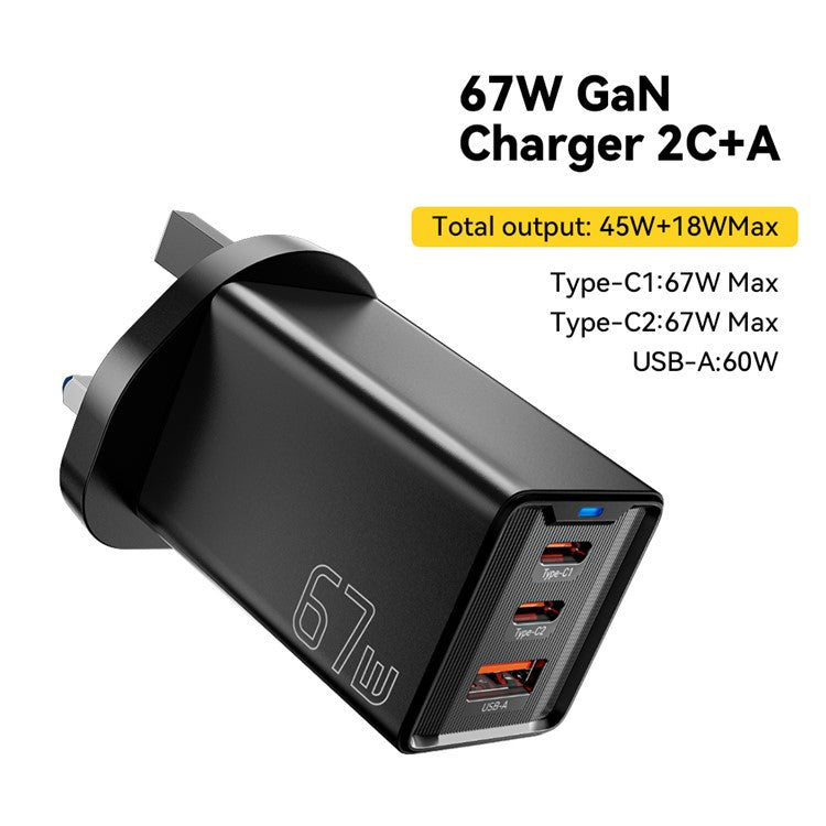 ESSAGER JT-G67TC2U1 67W GaN Travel Charger Adapter 2 Type-C+USB-A Wall Charger Block - Black / UK Plug