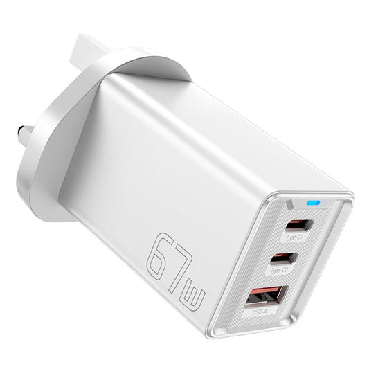 ESSAGER JT-G67TC2U1 67W GaN Travel Charger Adapter 2 Type-C+USB-A Wall Charger Block - White / UK Plug