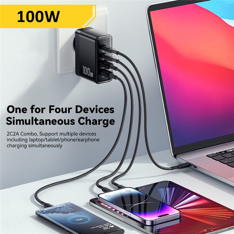 ESSAGER ES-CD37 100W Quick Charger Adapter 2USB-C+2USB-A Multi-Port Charging Station - Black / EU Plug