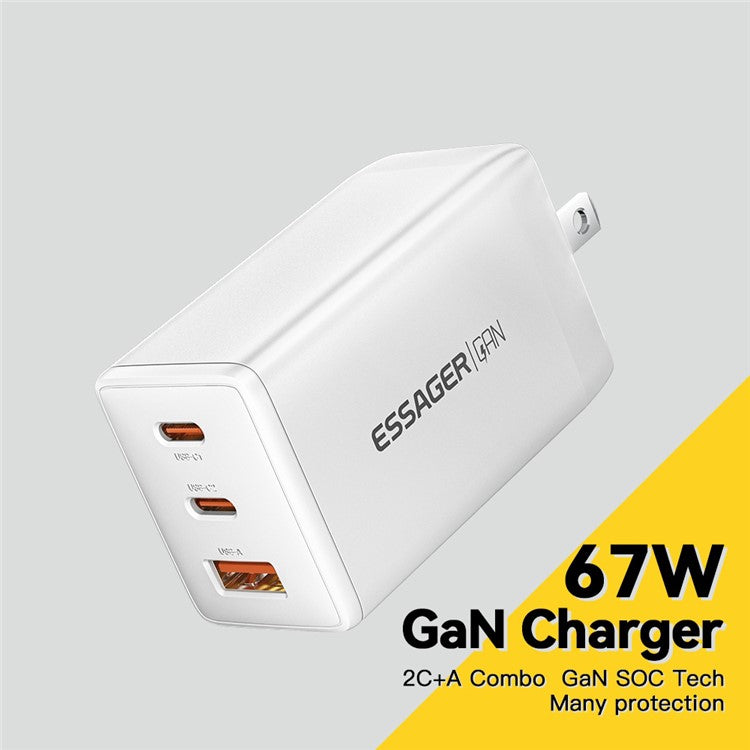 ESSAGER GaN X 67W USB-A + 2 Type-C Wall Charger for Cell Phone, Camera, Tablet, Laptop - White / US Plug