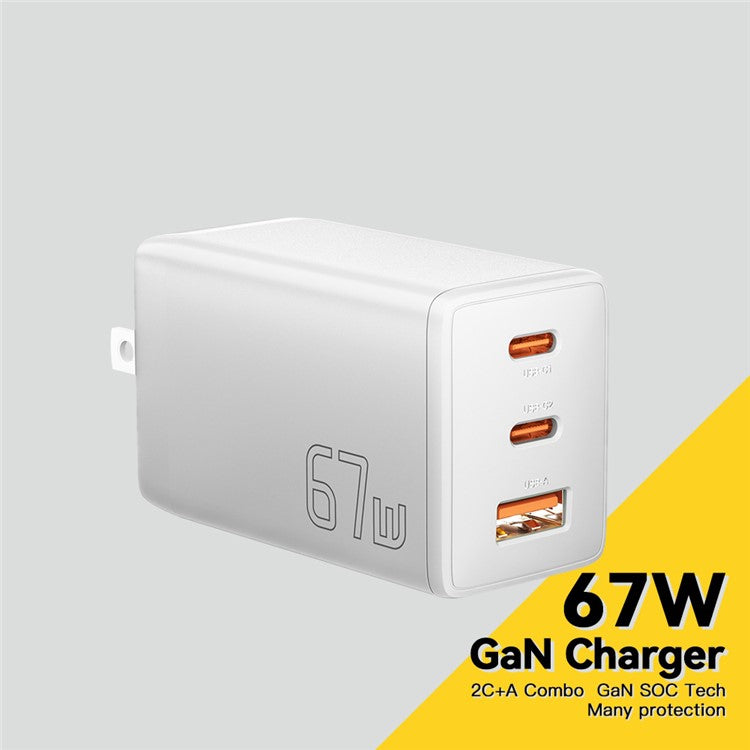 ESSAGER GaN X 67W USB-A + 2 Type-C Wall Charger for Cell Phone, Camera, Tablet, Laptop - White / US Plug