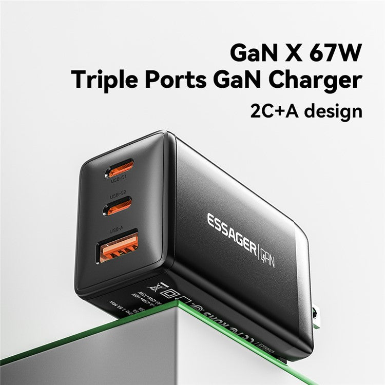 ESSAGER GaN X 67W USB-A + 2 Type-C Wall Charger for Cell Phone, Camera, Tablet, Laptop - White / US Plug