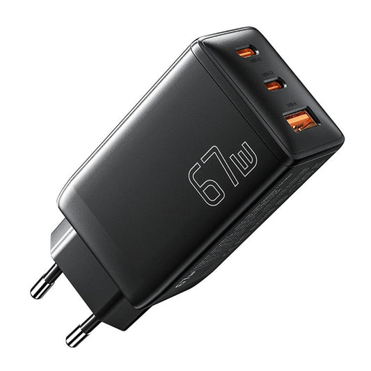 ESSAGER GaN X 67W USB-A + 2 Type-C Wall Charger for Cell Phone, Camera, Tablet, Laptop - Black / EU Plug