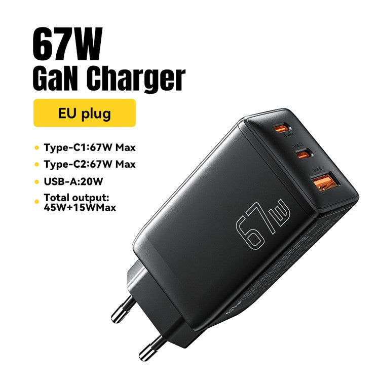 ESSAGER GaN X 67W USB-A + 2 Type-C Wall Charger for Cell Phone, Camera, Tablet, Laptop - Black / EU Plug