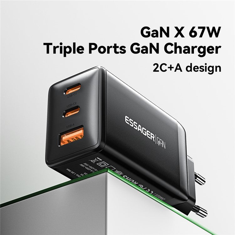 ESSAGER GaN X 67W USB-A + 2 Type-C Wall Charger for Cell Phone, Camera, Tablet, Laptop - Black / EU Plug
