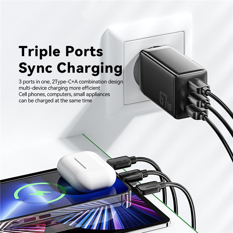 ESSAGER GaN X 67W USB-A + 2 Type-C Wall Charger for Cell Phone, Camera, Tablet, Laptop - Black / EU Plug