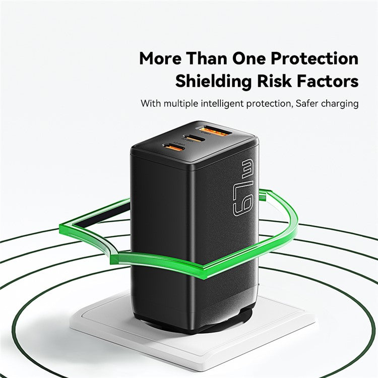 ESSAGER GaN X 67W USB-A + 2 Type-C Wall Charger for Cell Phone, Camera, Tablet, Laptop - Black / EU Plug