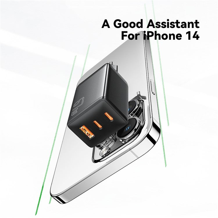 ESSAGER GaN X 67W USB-A + 2 Type-C Wall Charger for Cell Phone, Camera, Tablet, Laptop - Black / EU Plug