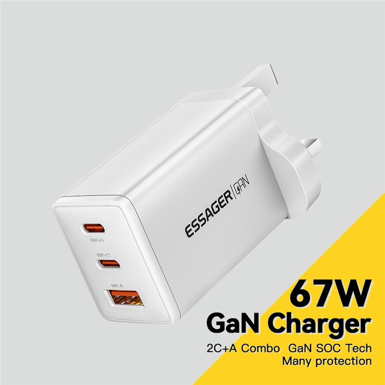 ESSAGER GaN X 67W USB-A + 2 Type-C Wall Charger for Cell Phone, Camera, Tablet, Laptop - White / UK Plug