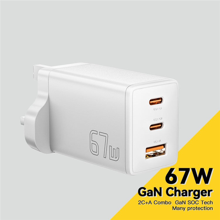 ESSAGER GaN X 67W USB-A + 2 Type-C Wall Charger for Cell Phone, Camera, Tablet, Laptop - White / UK Plug