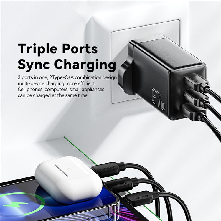 ESSAGER GaN X 67W USB-A + 2 Type-C Wall Charger for Cell Phone, Camera, Tablet, Laptop - White / UK Plug