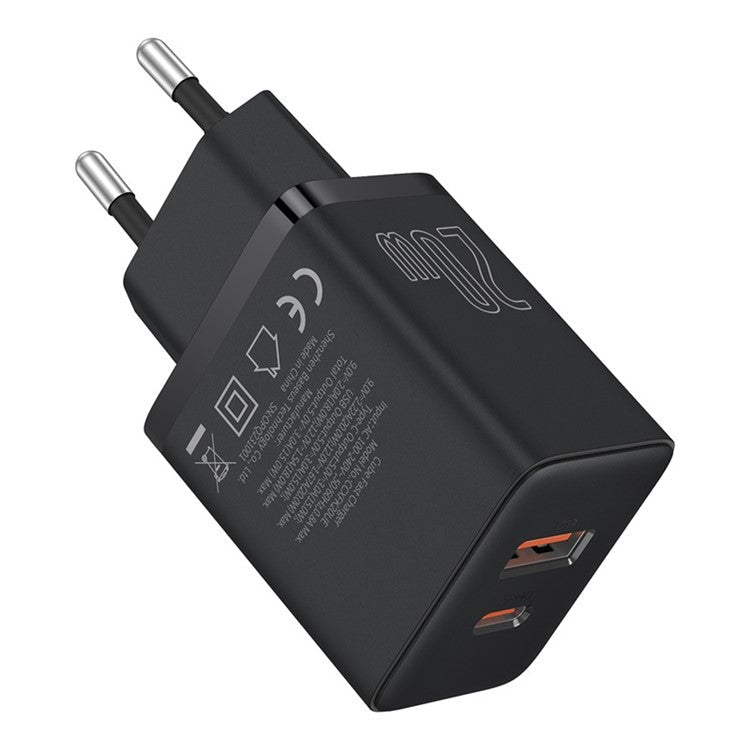 BASEUS CCXFK20UE Cube Fast Charger Type-C+USB 20W Wall Charger Adapter, EU Plug - Black