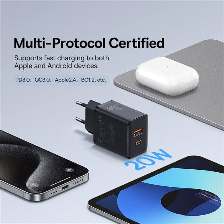 BASEUS CCXFK20UE Cube Fast Charger Type-C+USB 20W Wall Charger Adapter, EU Plug - Black