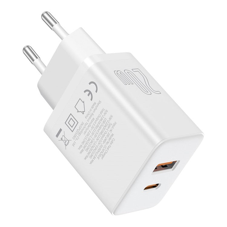BASEUS CCXFK20UE Cube Fast Charger Type-C+USB 20W Wall Charger Adapter, EU Plug - White