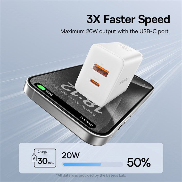 BASEUS CCXFK20UE Cube Fast Charger Type-C+USB 20W Wall Charger Adapter, EU Plug - White