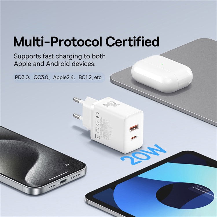 BASEUS CCXFK20UE Cube Fast Charger Type-C+USB 20W Wall Charger Adapter, EU Plug - White