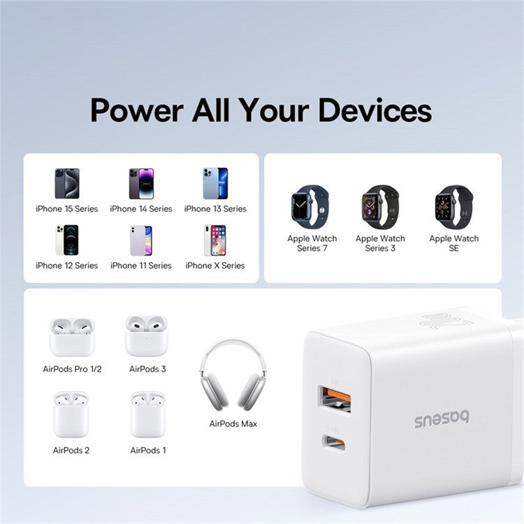 BASEUS CCXFK20UE Cube Fast Charger Type-C+USB 20W Wall Charger Adapter, EU Plug - White