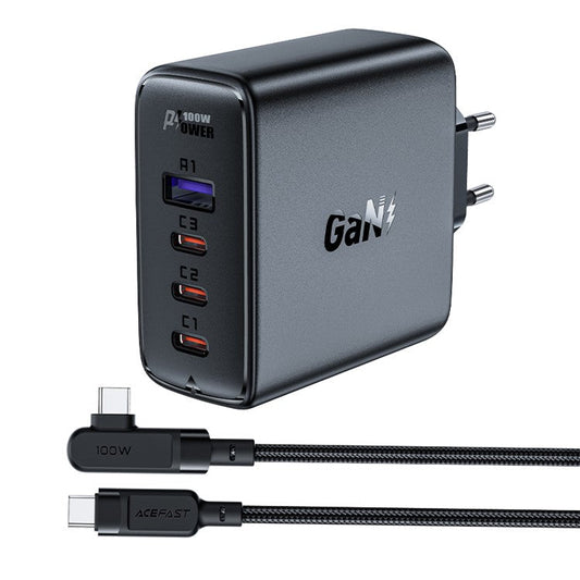 ACEFAST A37 PD 100W GaN Wall Charger 3 Type-C + 1 USB-A Charging Adapter with Type-C to Type-C Cable, EU Plug - Black