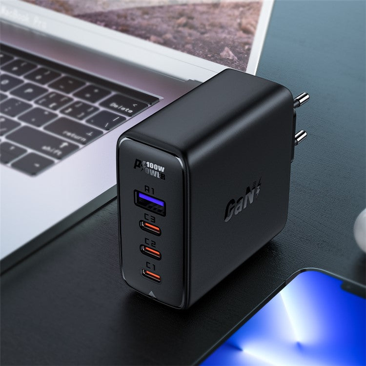 ACEFAST A37 PD 100W GaN Wall Charger 3 Type-C + 1 USB-A Charging Adapter with Type-C to Type-C Cable, EU Plug - Black