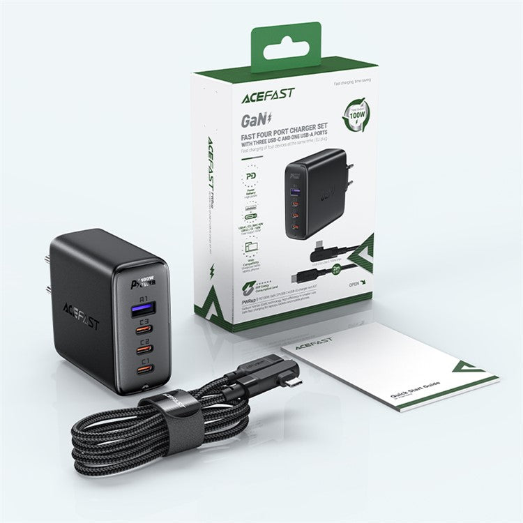 ACEFAST A37 PD 100W GaN Wall Charger 3 Type-C + 1 USB-A Charging Adapter with Type-C to Type-C Cable, EU Plug - Black