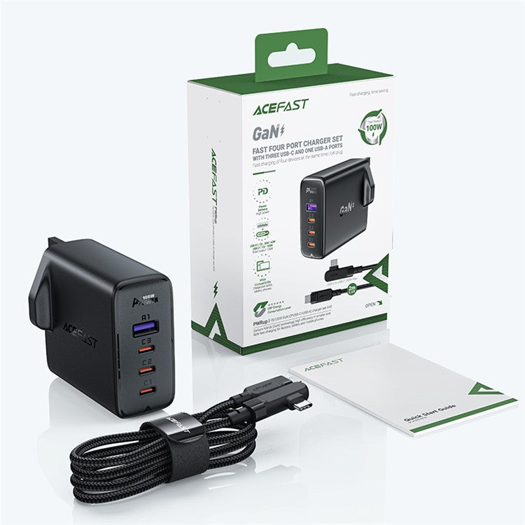 ACEFAST A40 PD 100W GaN Fast Charger 3 Type-C + 1 USB-A Charging Adapter with Charging Cable, UK Plug - Black