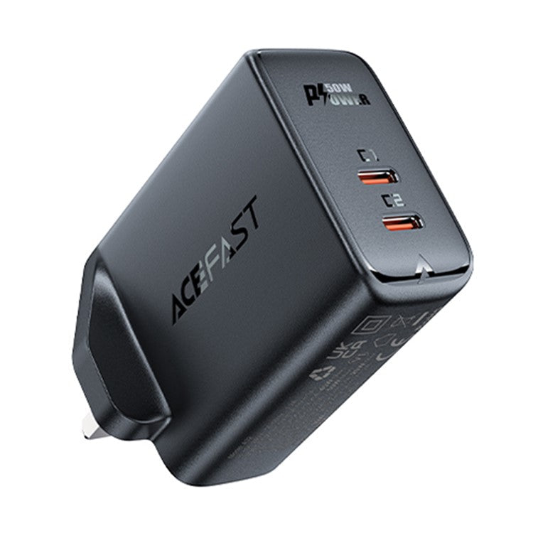 ACEFAST A32 PD 50W Fast Charging Block Dual Type-C Port GaN Wall Charger, UK Plug - Black