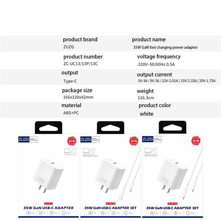 ZUZG-UC13P 35W GaN USB-C Adapter Set Fast Charger with Type-C to iP Cable for iPhone Android