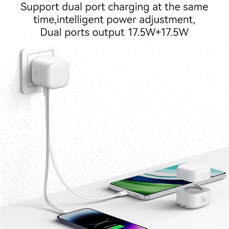 USAMS US-CC205 PD 35W GaN Fast Charger Dual USB-C Port Power Adapter with Magnetic Retractable Type-C Cable - White / CN Standard Plug