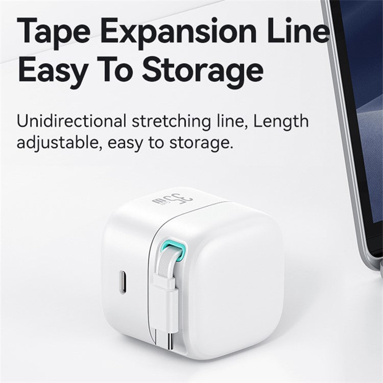 USAMS US-CC205 PD 35W GaN Fast Charger Dual USB-C Port Power Adapter with Magnetic Retractable Type-C Cable - White / CN Standard Plug