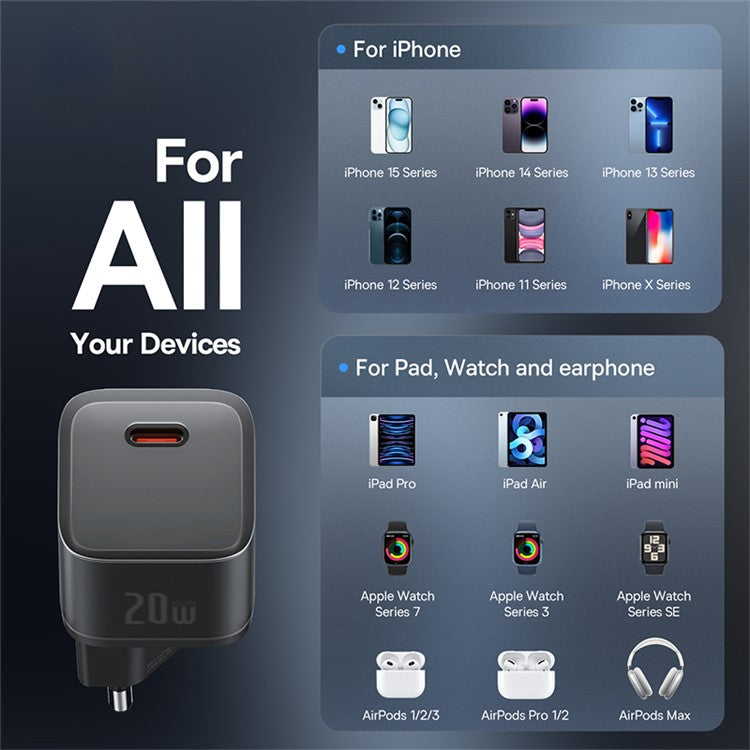 BASEUS GaN5S 20W Type-C Single Port Fast Charger Power Adapter EU Plug - Black